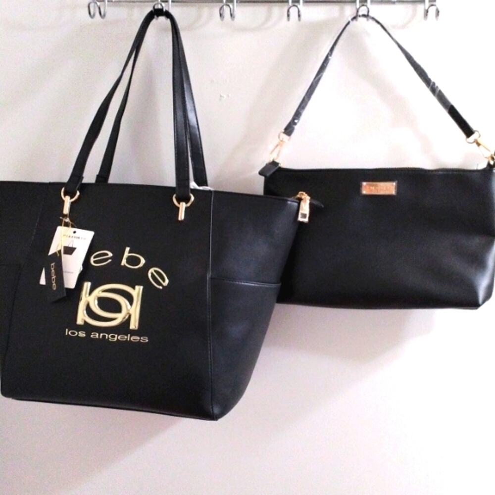 2pc Set bebe Tote & Puse Black Gold Faux Leather Travel Weekend‎ Work Glam NEW!